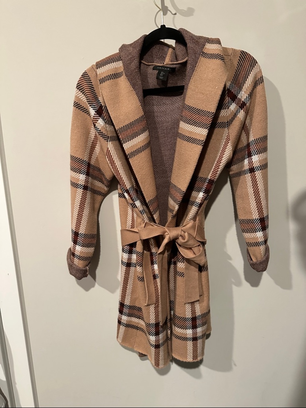 Tahari Camel Plaid Hooded Knit Cardigan with Belt